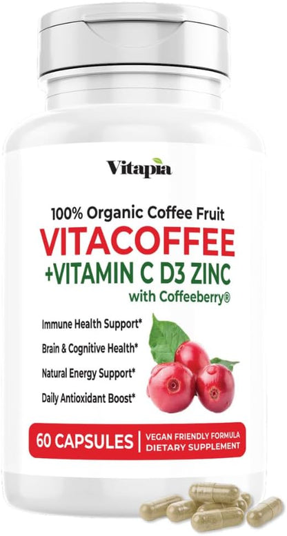 Vitacoffee Caffeine Pills - Coffee Fruit, Vitamin C, Vitamin D, Zinc Gluconate - Energy, Memory, Focus, Antioxidant, Skin Support - 60 Veggie Capsules - Non-GMO, Gluten-Free, Vegan Supplement - PrimeBioHealth - canada supplements