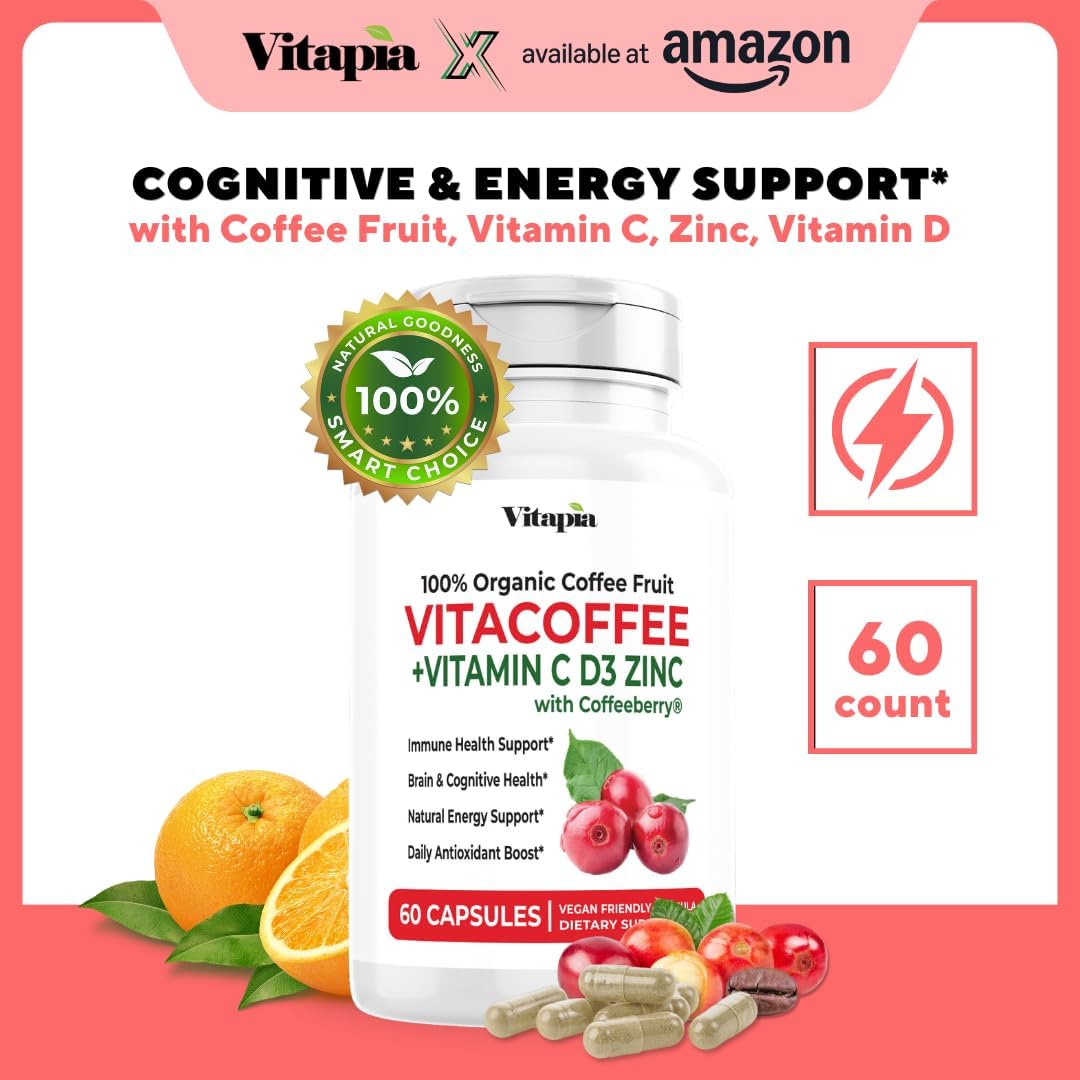 Vitacoffee Caffeine Pills - Coffee Fruit, Vitamin C, Vitamin D, Zinc Gluconate - Energy, Memory, Focus, Antioxidant, Skin Support - 60 Veggie Capsules - Non-GMO, Gluten-Free, Vegan Supplement - PrimeBioHealth - canada supplements