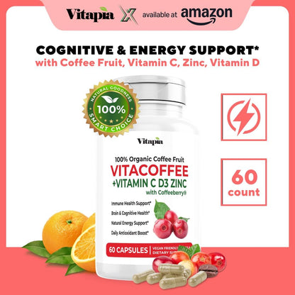 Vitacoffee Caffeine Pills - Coffee Fruit, Vitamin C, Vitamin D, Zinc Gluconate - Energy, Memory, Focus, Antioxidant, Skin Support - 60 Veggie Capsules - Non-GMO, Gluten-Free, Vegan Supplement - PrimeBioHealth - canada supplements
