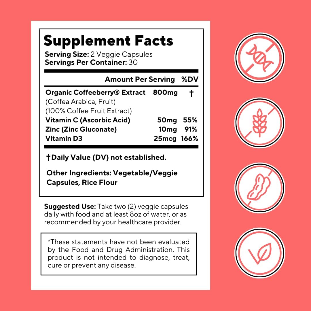 Vitacoffee Caffeine Pills - Coffee Fruit, Vitamin C, Vitamin D, Zinc Gluconate - Energy, Memory, Focus, Antioxidant, Skin Support - 60 Veggie Capsules - Non-GMO, Gluten-Free, Vegan Supplement - PrimeBioHealth - canada supplements