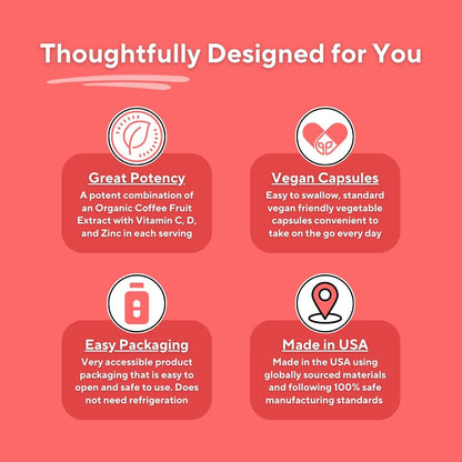 Vitacoffee Caffeine Pills - Coffee Fruit, Vitamin C, Vitamin D, Zinc Gluconate - Energy, Memory, Focus, Antioxidant, Skin Support - 60 Veggie Capsules - Non-GMO, Gluten-Free, Vegan Supplement - PrimeBioHealth - canada supplements