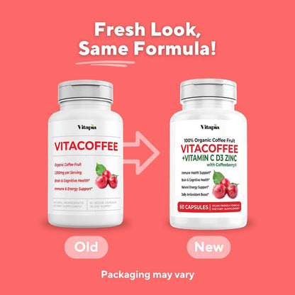 Vitacoffee Caffeine Pills - Coffee Fruit, Vitamin C, Vitamin D, Zinc Gluconate - Energy, Memory, Focus, Antioxidant, Skin Support - 60 Veggie Capsules - Non-GMO, Gluten-Free, Vegan Supplement - PrimeBioHealth - canada supplements