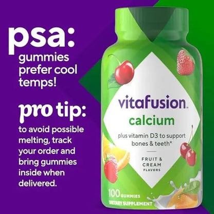 vitafusion Chewable Calcium Gummy Vitamins for Bone and Teeth Support, Calcium Gummies, Fruit and Cream Flavor, 100 Count, 50 Day Supply - PrimeBioHealth - canada supplements