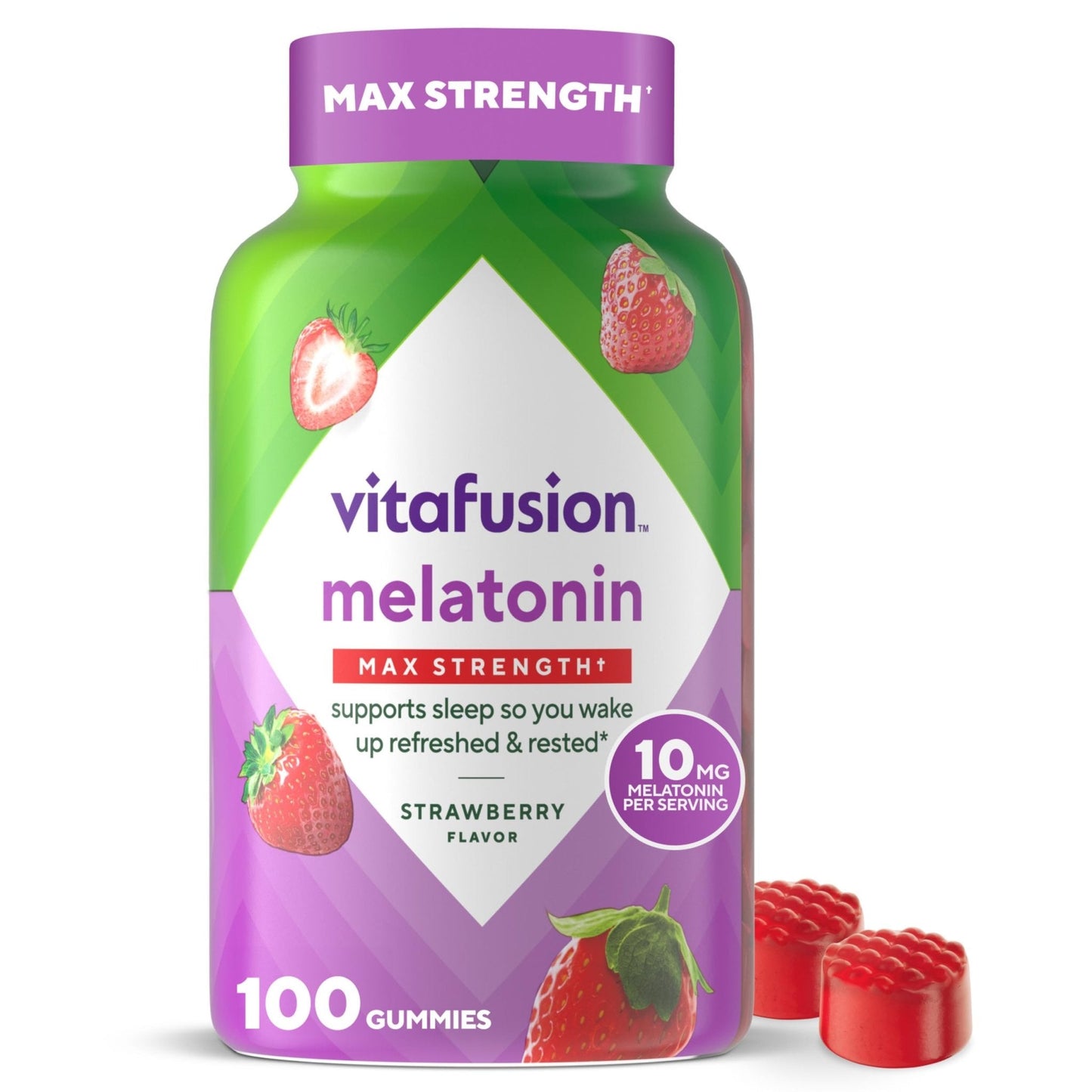 vitafusion Max Strength 10 mg Melatonin Gummies, Strawberry Flavored, Adult Melatonin Gummy Vitamin Supplement, 100 Count, 50 Day Supply - PrimeBioHealth - canada supplements
