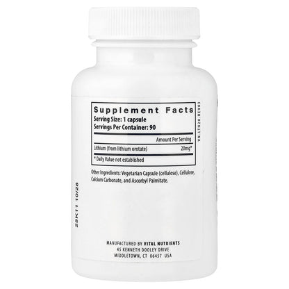 Vital Nutrients Lithium Orotate - Vegan Lithium Supplements for Memory, State of Mind, and Behavioral Health* - 20mg - Gluten, Dairy, Soy Free - 90 Capsules - PrimeBioHealth - canada supplements