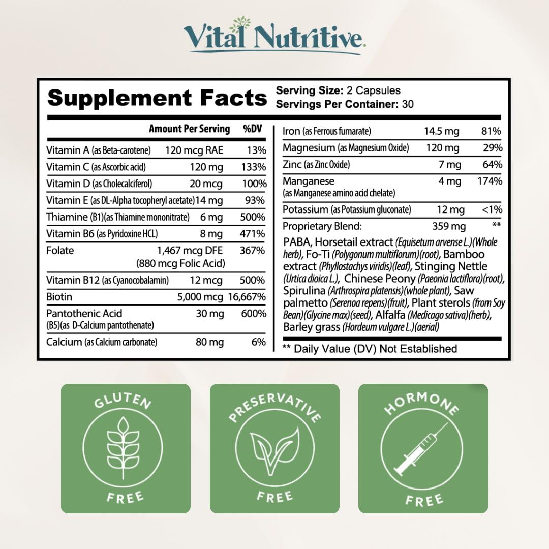 VITAL NUTRITIVE Vital Hair Complex – Biotin & Vitamin B Hair Vitamins for Women & Men – Supports Healthy Hair, Skin & Nails – Hormone-Free, Gluten-Free - PrimeBioHealth - canada supplements