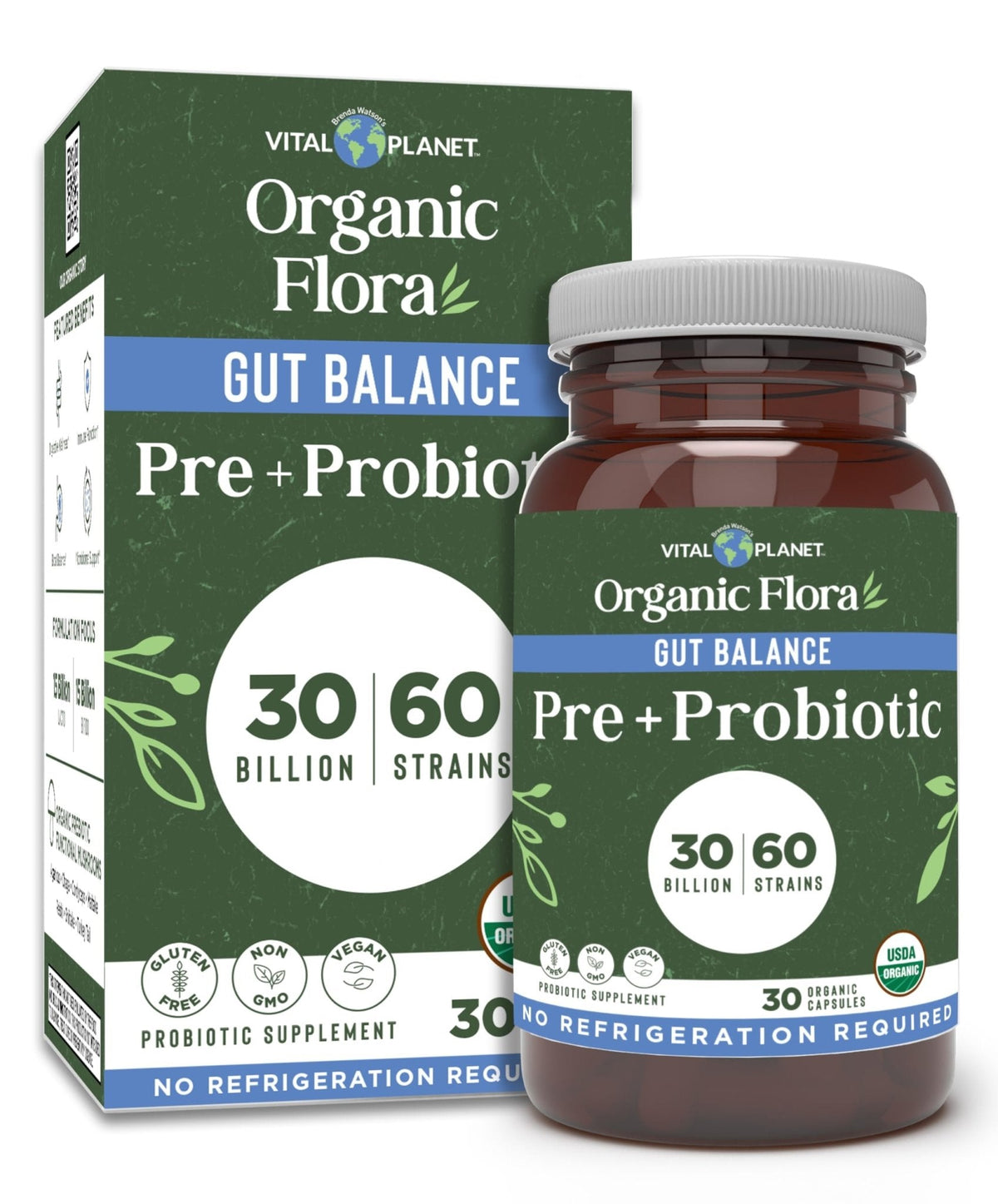 Vital Planet - Organic Flora Probiotics for Gut Health Balance, Shelf Stable Probiotic 30 Billion CFU, 60 Diverse Strains, Prebiotic Organic Mushroom Blend - PrimeBioHealth - canada supplements
