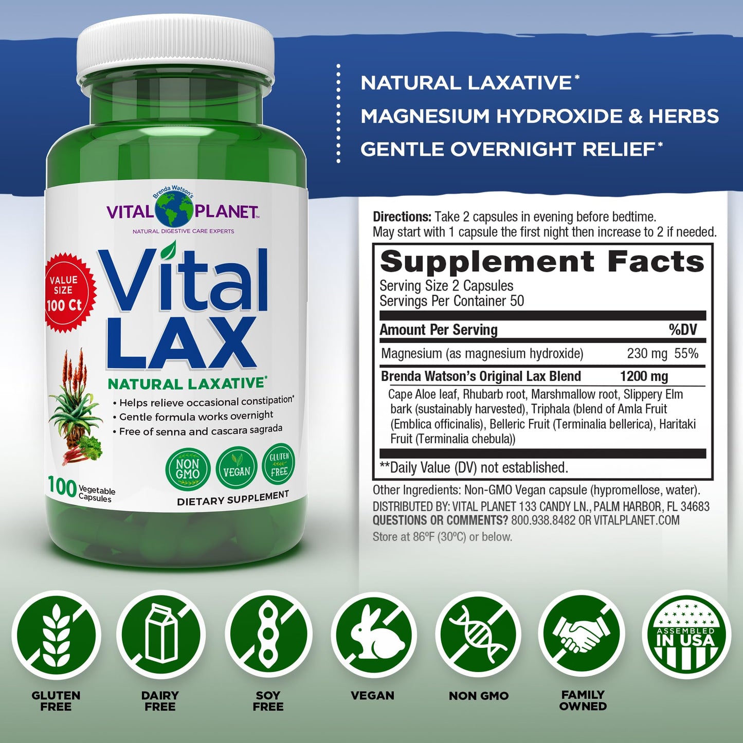 Vital Planet - Vital Lax Natural Laxative Cleanse Supplement for Occasional Constipation, with Magnesium Hydroxide, Slippery Elm, Aloe, - PrimeBioHealth - canada supplements