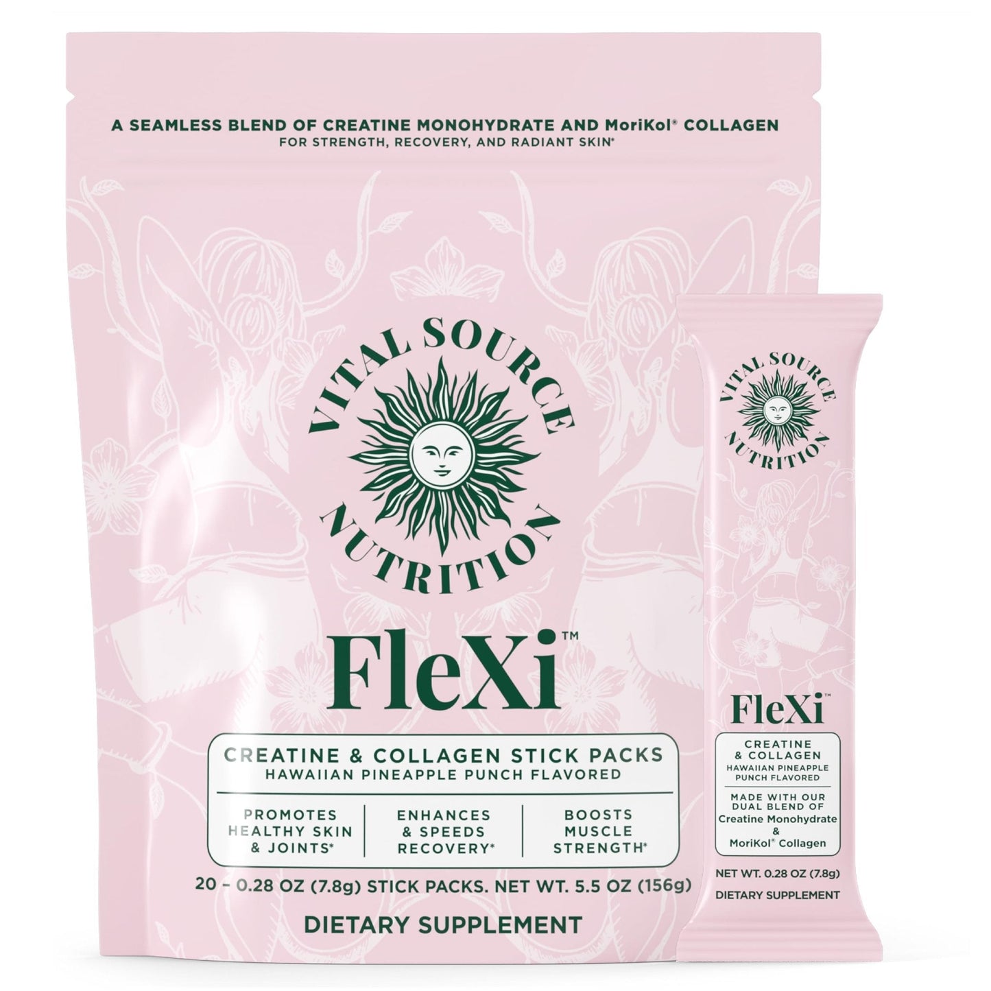 Vital Source Nutrition - Flexi - Creatine & Collagen Stick Packs - 5g Creatine Monohydrate + 1g MoriKol Collagen -Supports Strength, Recovery & Skin Health -20 Servings - PrimeBioHealth - canada supplements