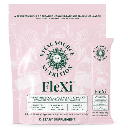 Vital Source Nutrition - Flexi - Creatine & Collagen Stick Packs - 5g Creatine Monohydrate + 1g MoriKol Collagen -Supports Strength, Recovery & Skin Health -20 Servings - PrimeBioHealth - canada supplements