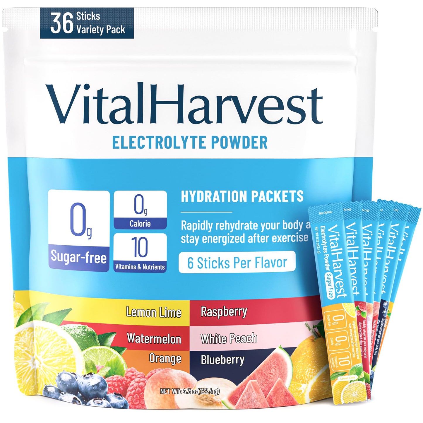 VitalHarvest 36 Sticks Electrolytes Powder Packets 6 Flavors Sugar Free Hydration Packets Electrolyte Liquid Daily IV Drink Mix with Lemon Lime, Watermelon, Orange - PrimeBioHealth - canada supplements