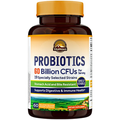 Vitalitown Probiotics + Prebiotics | 60 Billion CFUs 19 Strains | 60 Delayed Release Veg Caps | Shelf Stable, Prebiotics and Probiotics | Digestive Health - PrimeBioHealth - canada supplements