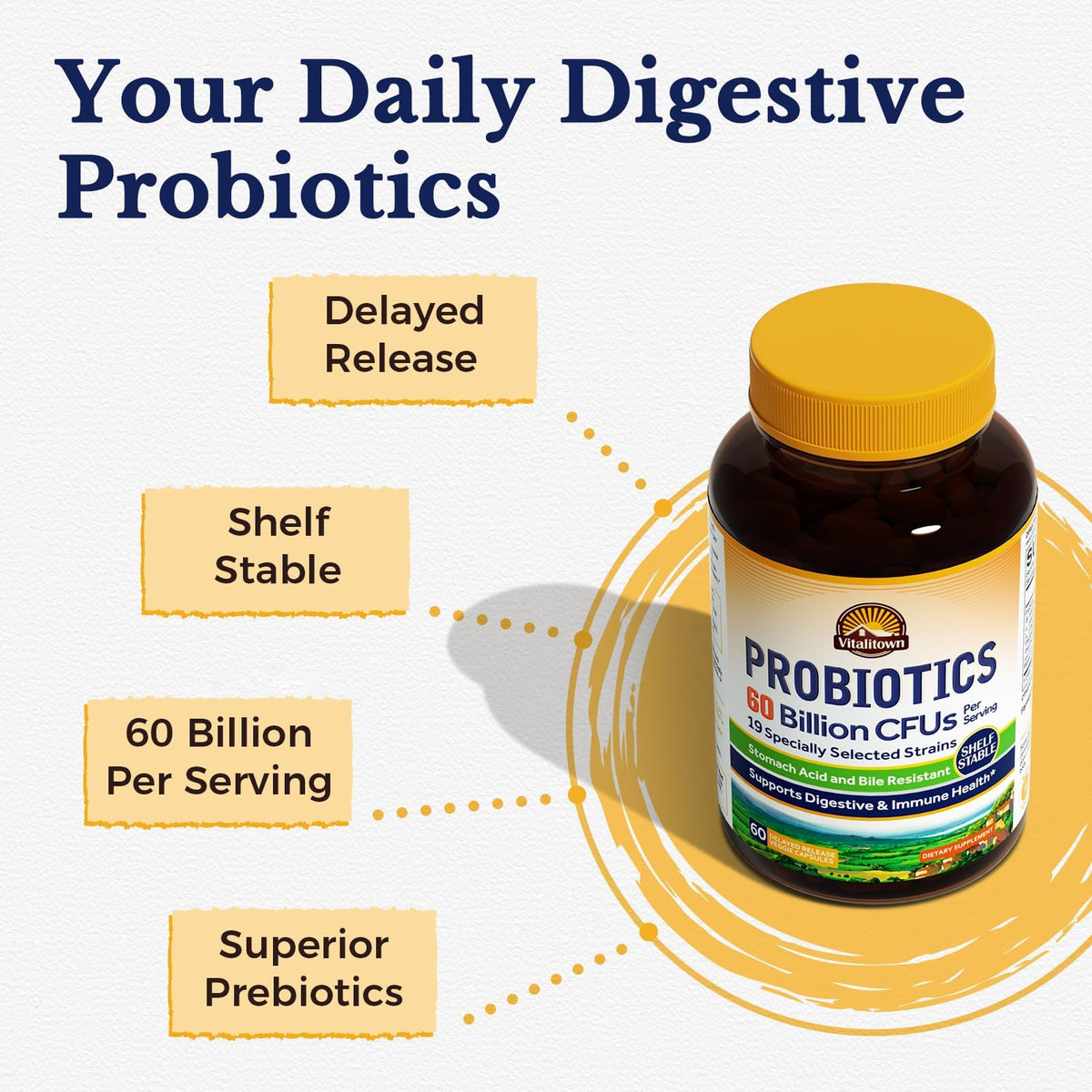 Vitalitown Probiotics + Prebiotics | 60 Billion CFUs 19 Strains | 60 Delayed Release Veg Caps | Shelf Stable, Prebiotics and Probiotics | Digestive Health - PrimeBioHealth - canada supplements