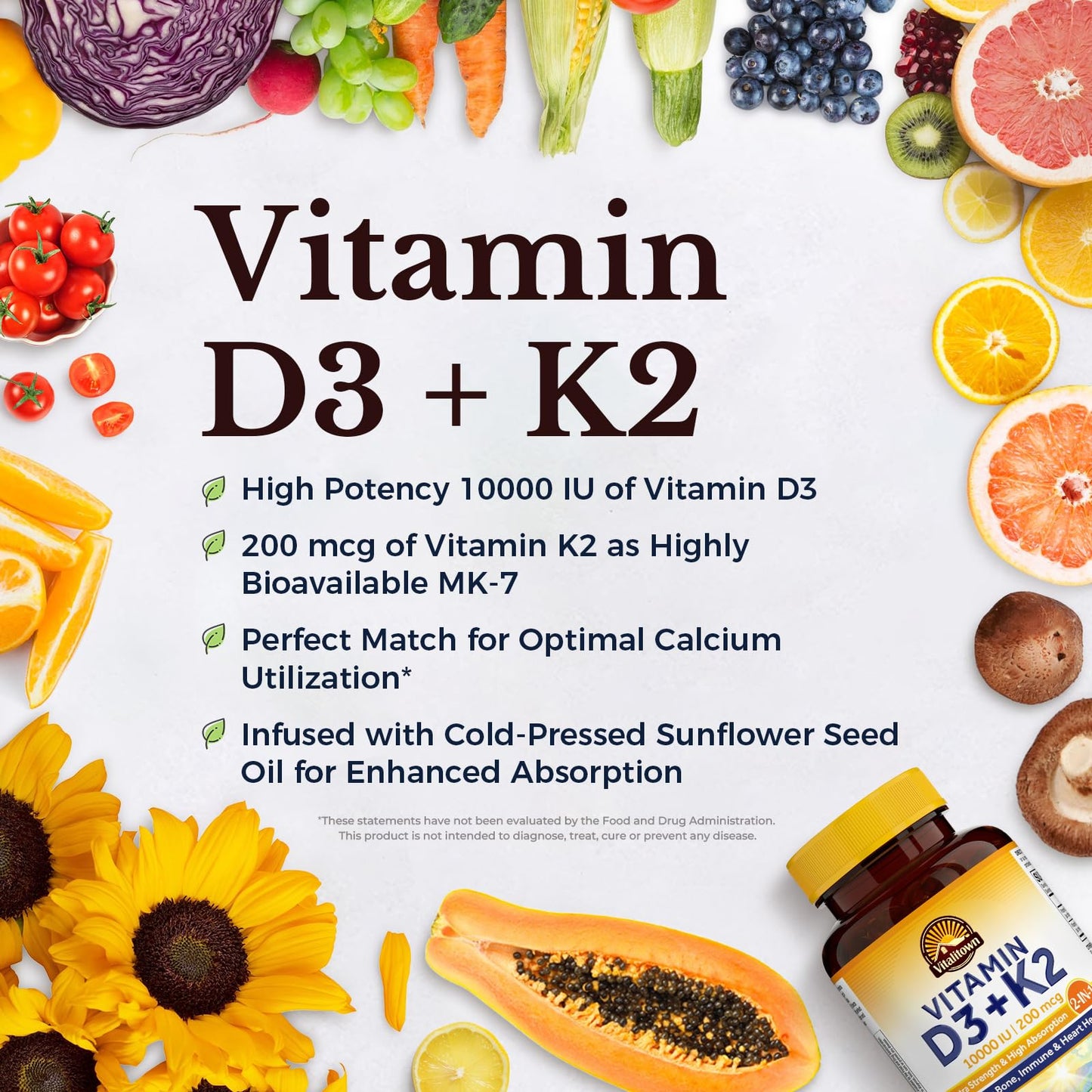 Vitalitown Vitamin D3 K2 Supplement, Vitamin D3 10000 IU Vitamin K2 (MK7) 200 mcg, 90 Softgels, Non-GMO, No Gluten & Soy - PrimeBioHealth - canada supplements