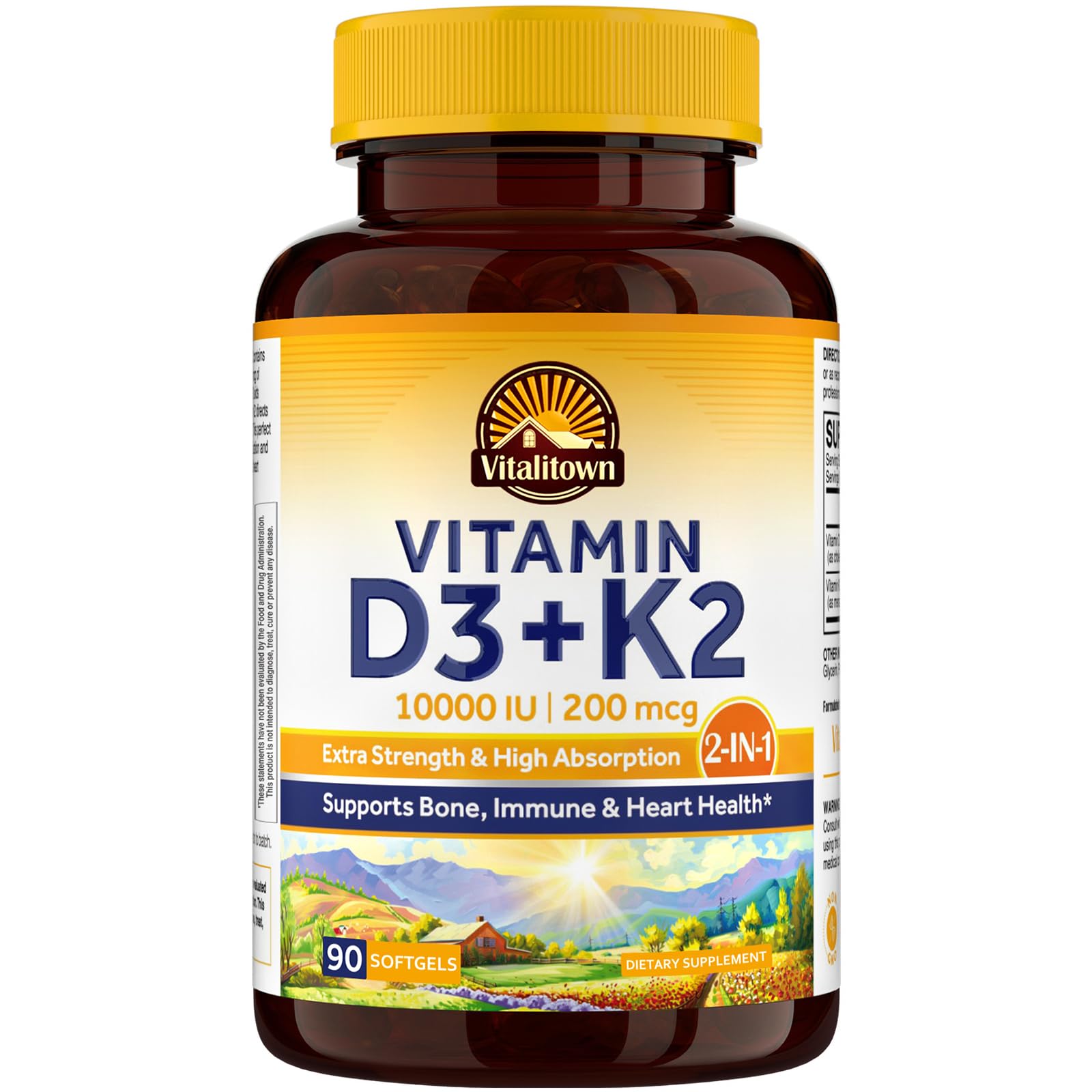 Vitalitown Vitamin D3 K2 Supplement, Vitamin D3 10000 IU Vitamin K2 (MK7) 200 mcg, 90 Softgels, Non-GMO, No Gluten & Soy - PrimeBioHealth - canada supplements