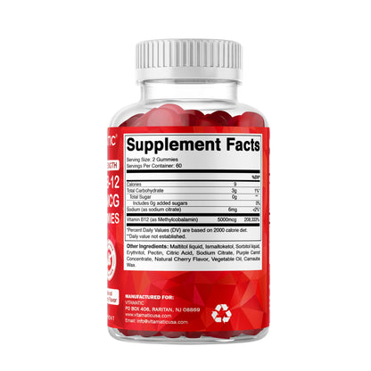 Vitamatic Extra Strength Vitamin B12 5000 mcg (Methyl B12) Gummies - 120 Count - Energy Metabolism Support and Nervous - PrimeBioHealth - canada supplements