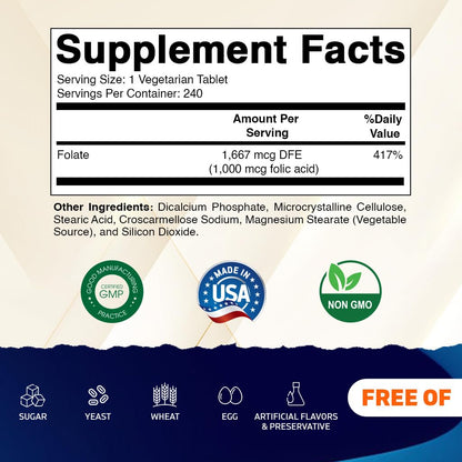 Vitamatic Folic Acid 1000 mcg (1 mg) - Vegetarian Tablets - 1667 mcg DFE - Vitamin B9 (240 Count (Pack of 1)) - PrimeBioHealth - canada supplements