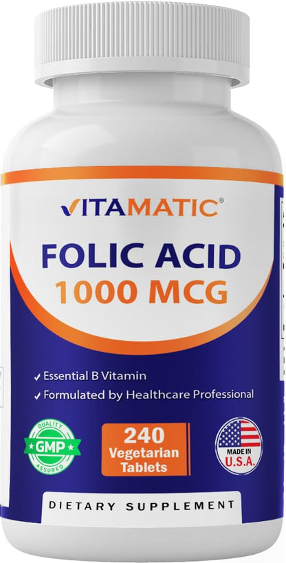 Vitamatic Folic Acid 1000 mcg (1 mg) - Vegetarian Tablets - 1667 mcg DFE - Vitamin B9 (240 Count (Pack of 1)) - PrimeBioHealth - canada supplements