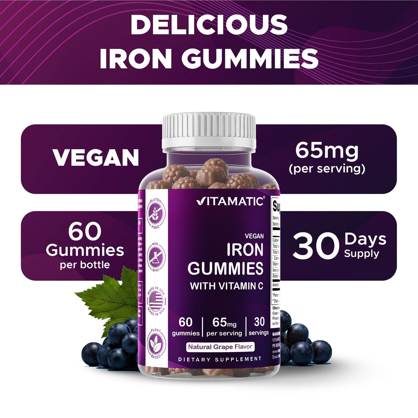 Vitamatic Iron 65 mg Gummies Supplement for Women & Men - 60 Vegan Gummies - Great Tasting Iron Gummy Vitamins with Vitamin C (1) - PrimeBioHealth - canada supplements