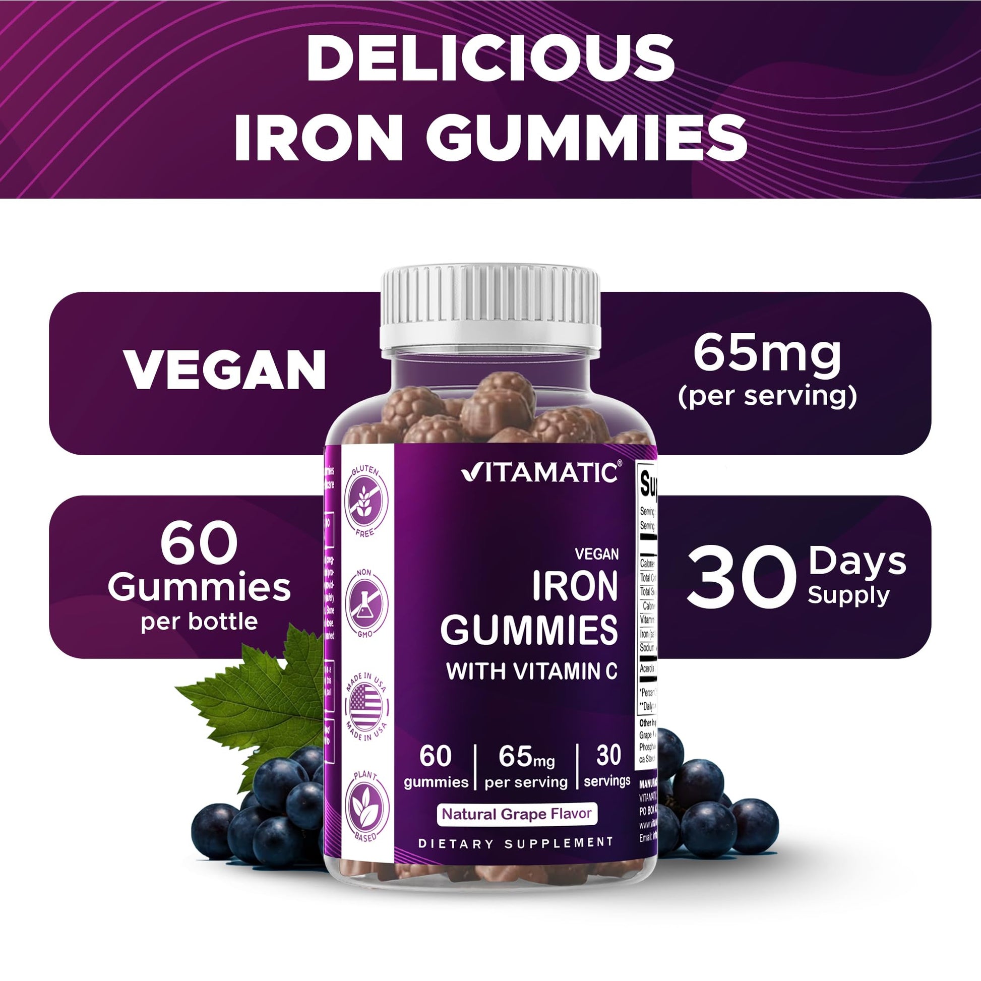 Vitamatic Iron 65 mg Gummies Supplement for Women & Men - 60 Vegan Gummies - Great Tasting Iron Gummy Vitamins with Vitamin C (1) - PrimeBioHealth - canada supplements