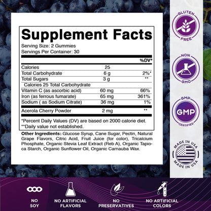 Vitamatic Iron 65 mg Gummies Supplement for Women & Men - 60 Vegan Gummies - Great Tasting Iron Gummy Vitamins with Vitamin C (1) - PrimeBioHealth - canada supplements