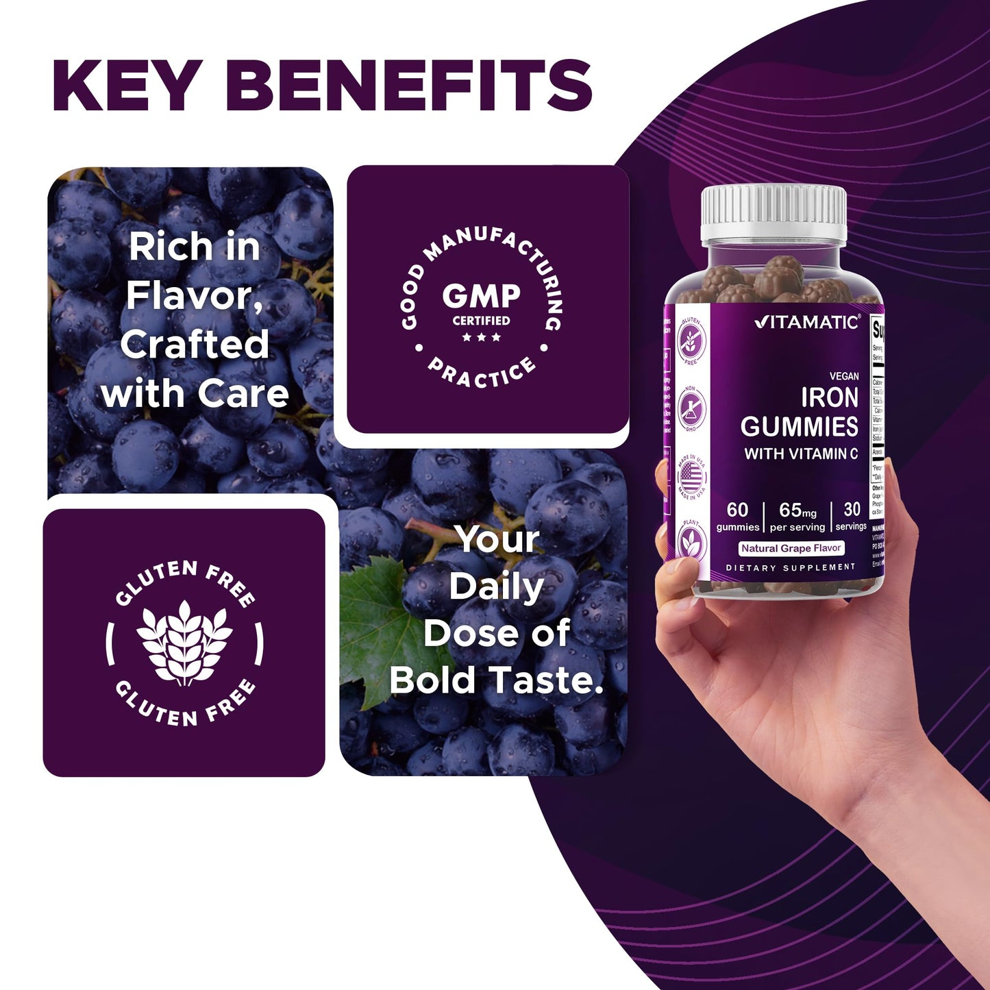 Vitamatic Iron 65 mg Gummies Supplement for Women & Men - 60 Vegan Gummies - Great Tasting Iron Gummy Vitamins with Vitamin C (1) - PrimeBioHealth - canada supplements