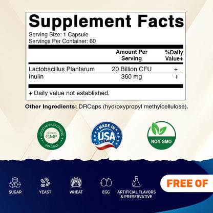 Vitamatic Lactobacillus Plantarum - 20 Billion per DR Capsule - 60 Count - Digestive Support - Made with Prebiotic Inulin Fiber - PrimeBioHealth - canada supplements
