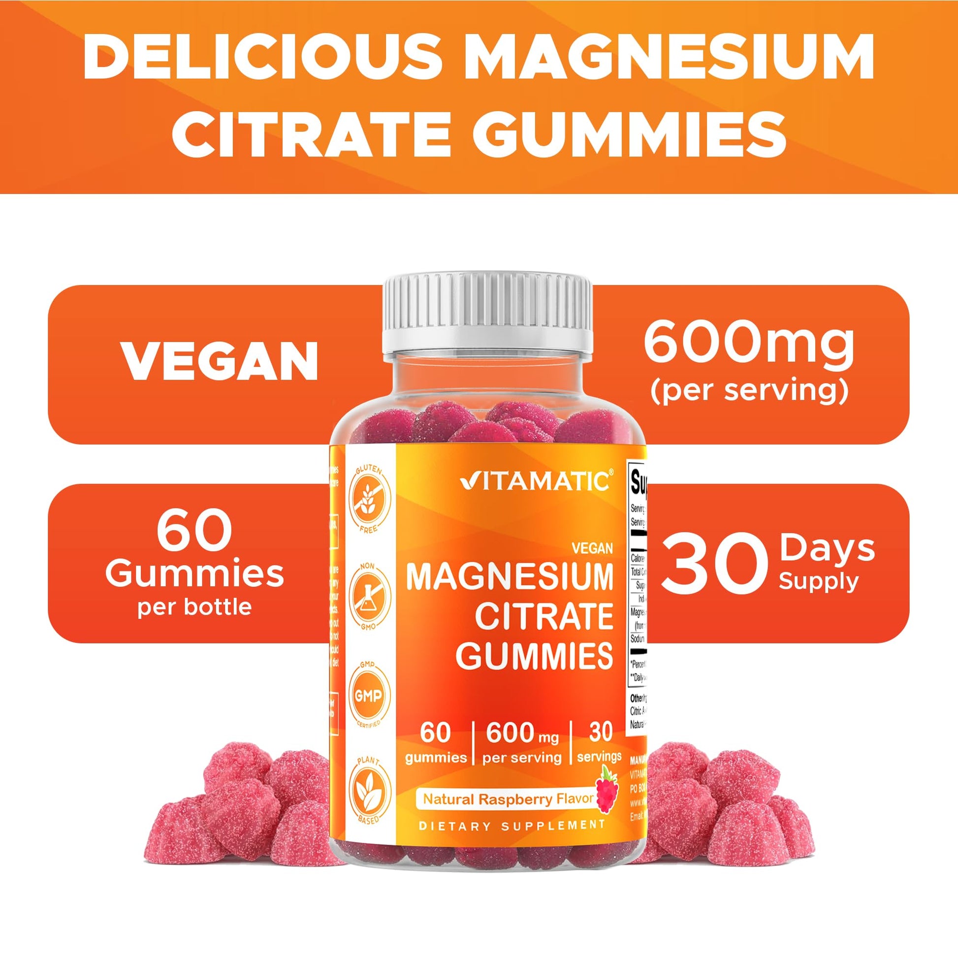 Vitamatic Magnesium Gummies 600mg per Serving – 60 Vegan Count for Relaxation, Muscle, Bone, and Energy Support - PrimeBioHealth - canada supplements