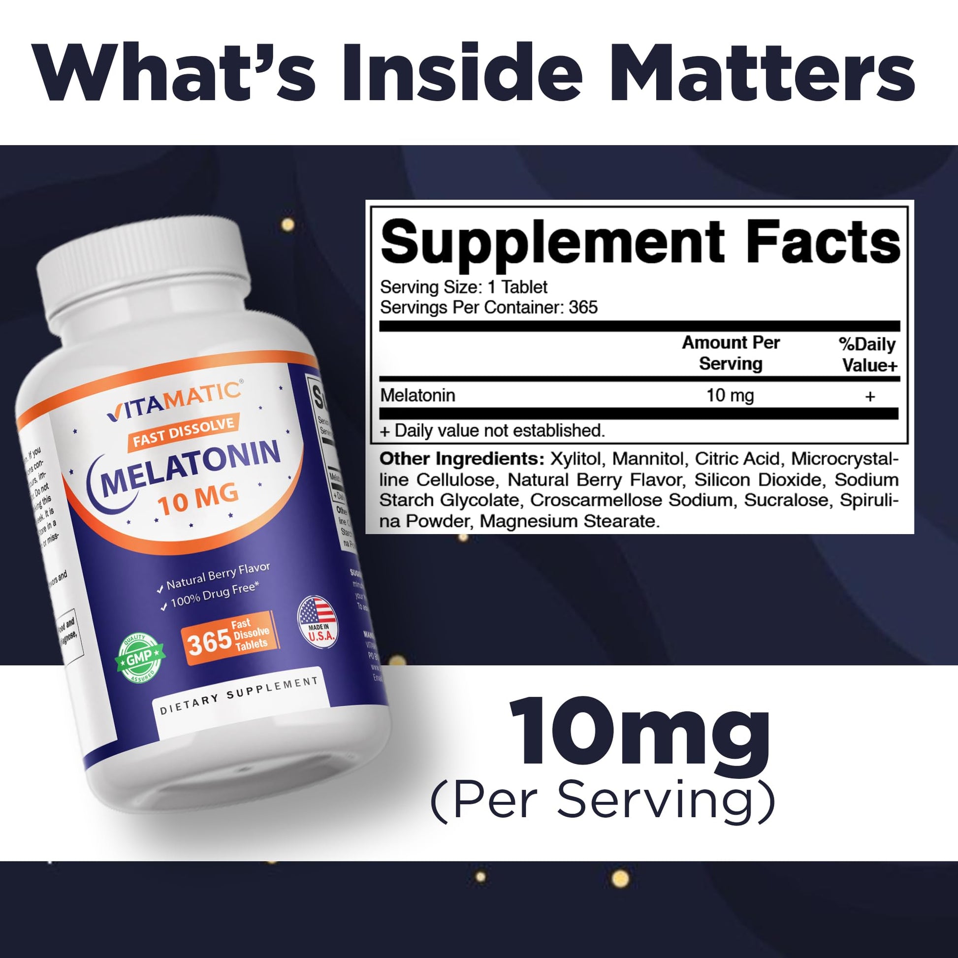 Vitamatic Melatonin 10 mg Fast Dissolve Tablets – Quick-Dissolving Sleep Support Supplement for Adults – Vegetarian, Non-GMO & Gluten-Free - PrimeBioHealth - canada supplements