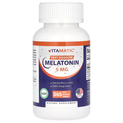 Vitamatic Melatonin 5 mg Tablets | Vegetarian, Non-GMO, Gluten Free | 1 Year Supply | Natural Berry Flavor - 365 Tablets - PrimeBioHealth - canada supplements