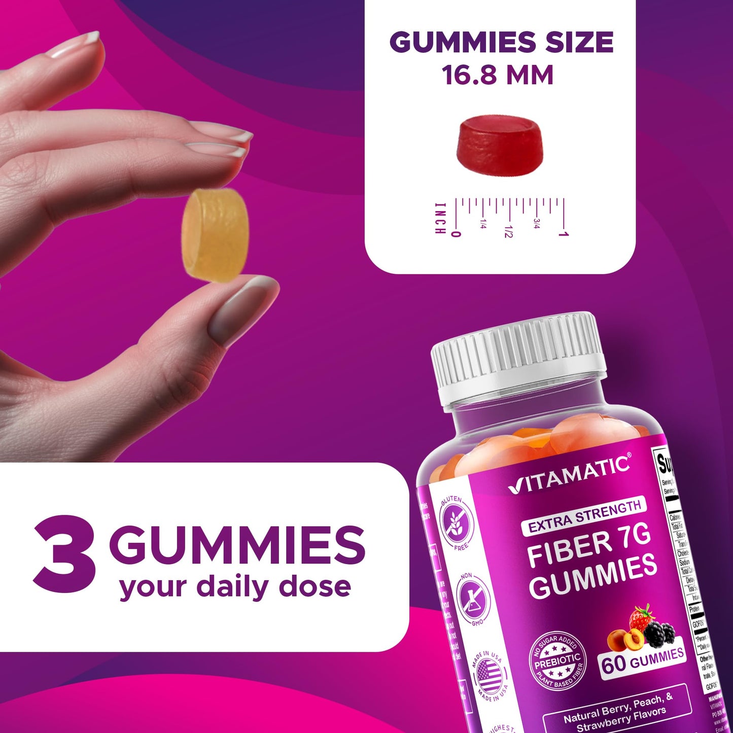 Vitamatic Prebiotic Fiber Gummies for Adults – 2 Pack (Total 120 Gummies) 7g Fiber per Serving | Extra Strength | Zero Sugar Added | Pectin-Based - PrimeBioHealth - canada supplements