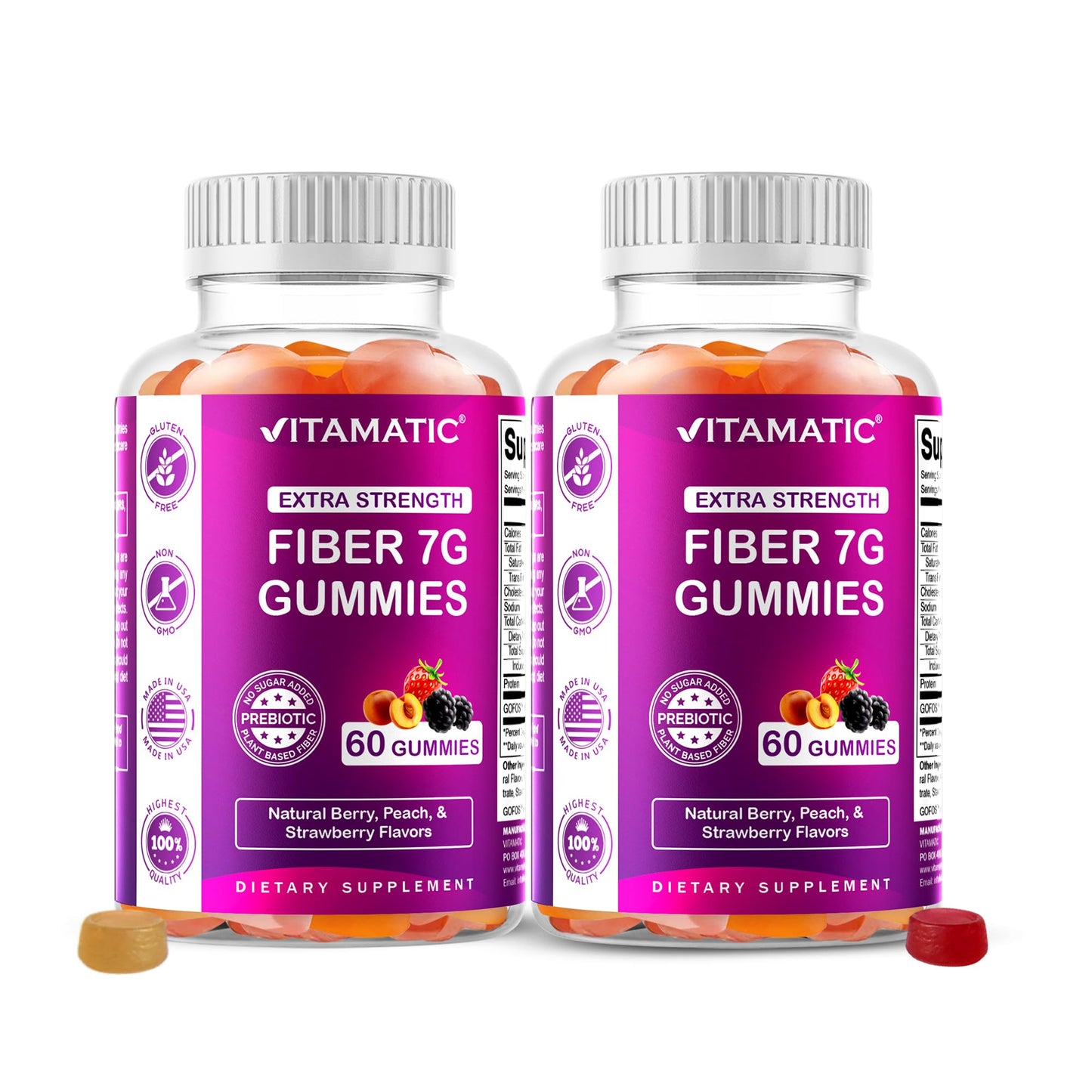 Vitamatic Prebiotic Fiber Gummies for Adults – 2 Pack (Total 120 Gummies) 7g Fiber per Serving | Extra Strength | Zero Sugar Added | Pectin-Based - PrimeBioHealth - canada supplements