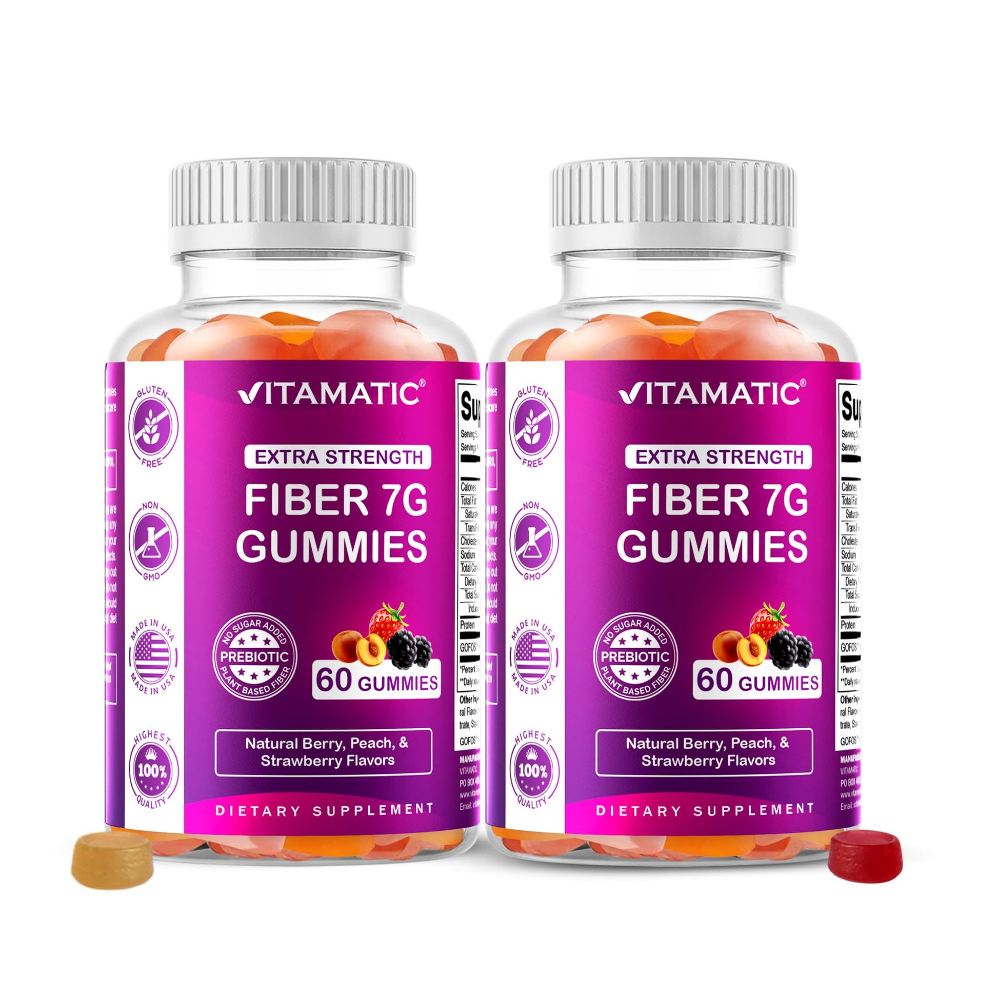 Vitamatic Prebiotic Fiber Gummies for Adults – 2 Pack (Total 120 Gummies) 7g Fiber per Serving | Extra Strength | Zero Sugar Added | Pectin-Based - PrimeBioHealth - canada supplements