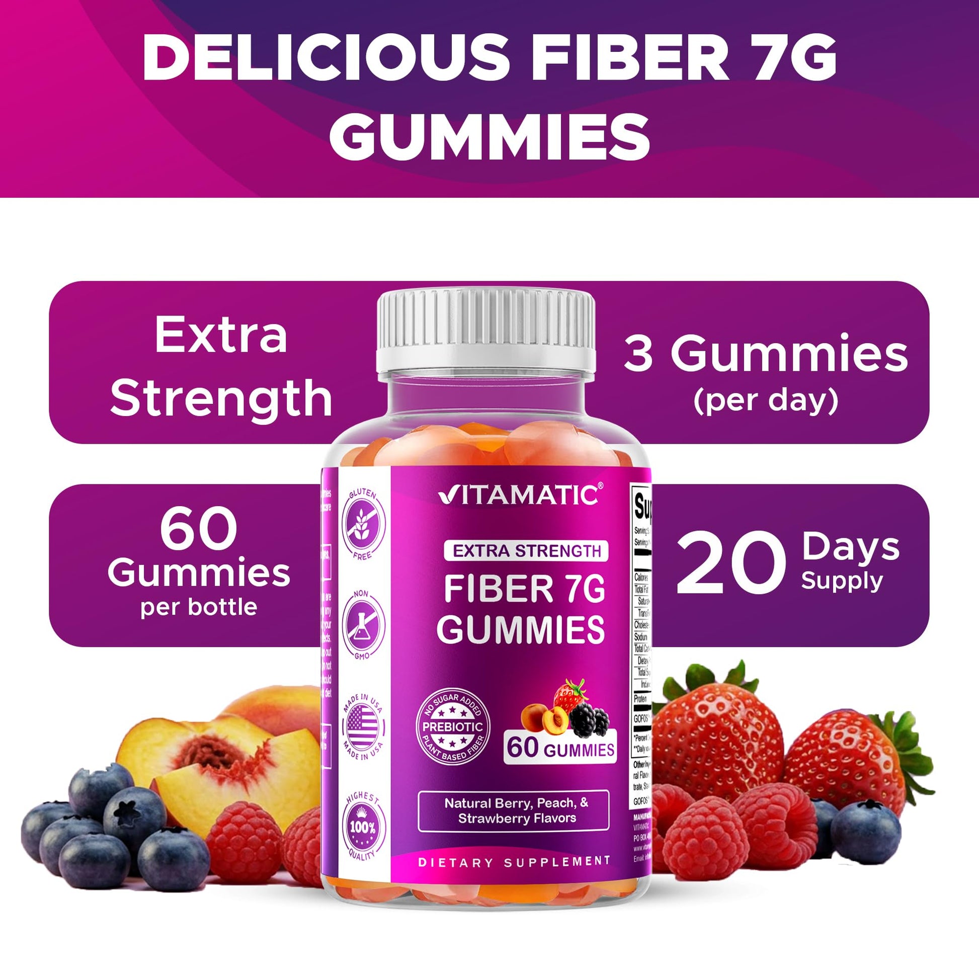 Vitamatic Prebiotic Fiber Gummies for Adults – 2 Pack (Total 120 Gummies) 7g Fiber per Serving | Extra Strength | Zero Sugar Added | Pectin-Based - PrimeBioHealth - canada supplements