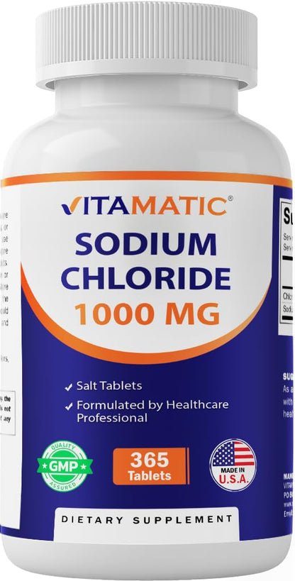 Vitamatic Sodium Chloride 1000mg – 365 Tablets Electrolyte Replenisher & Hydration Support – Non-GMO, Gluten-Free - PrimeBioHealth - canada supplements