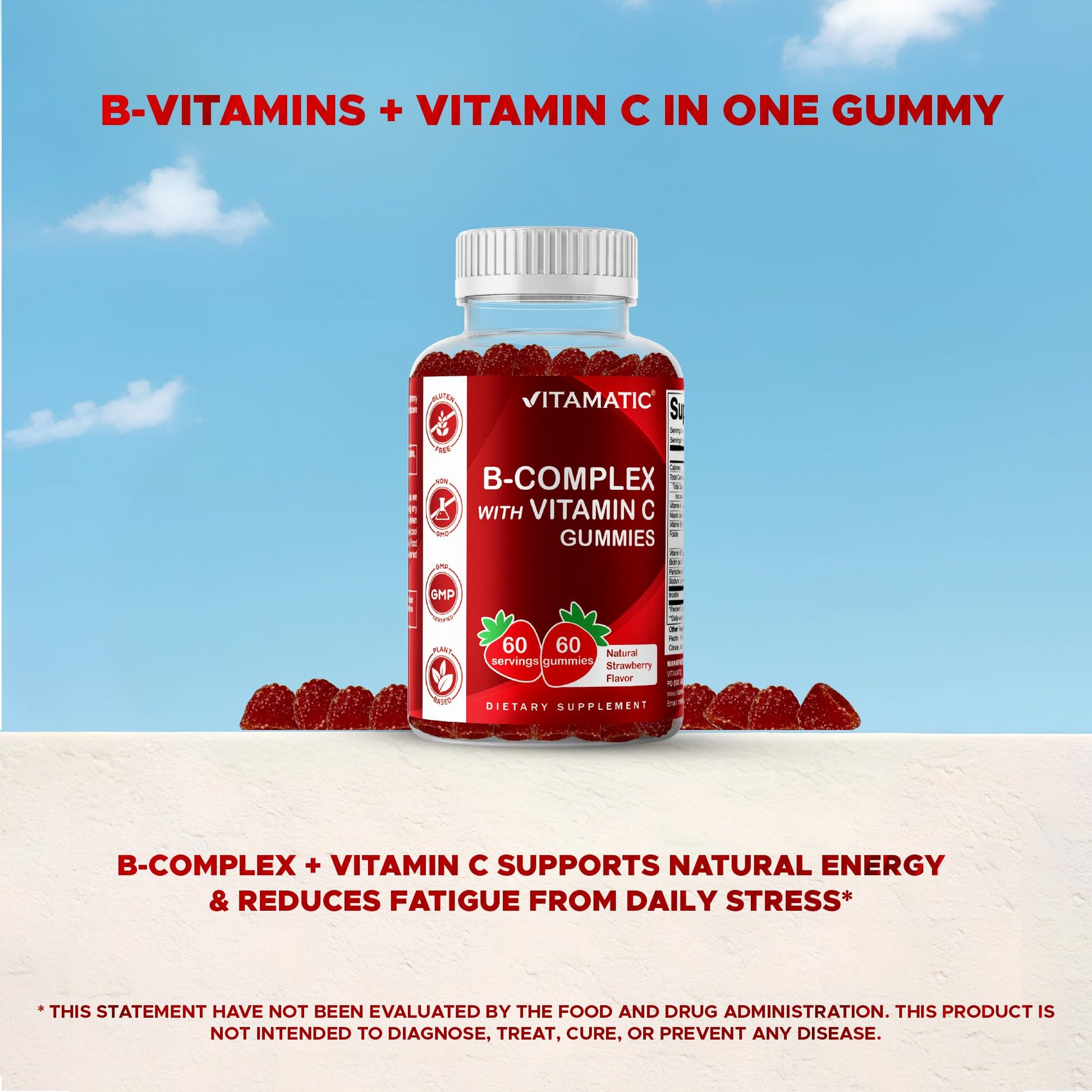Vitamatic Vitamin B Complex Gummies with Vitamin C & Inositol - Natural Strawberry Flavor - 60 Gummies (1 Bottle) - PrimeBioHealth - canada supplements