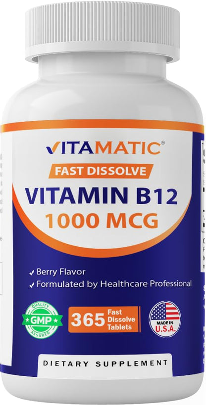 Vitamatic Vitamin B12 1000 mcg Fast Dissolve – 365 Tablets – Natural Berry Flavor – Supports Energy Metabolism - PrimeBioHealth - canada supplements