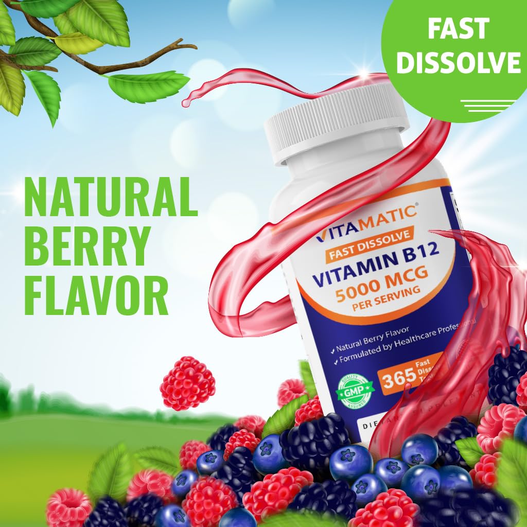 Vitamatic Vitamin B12 5000 mcg – 365 Fast Dissolve Tablets Berry Flavor – Supports Energy Production & Nervous System Health - PrimeBioHealth - canada supplements