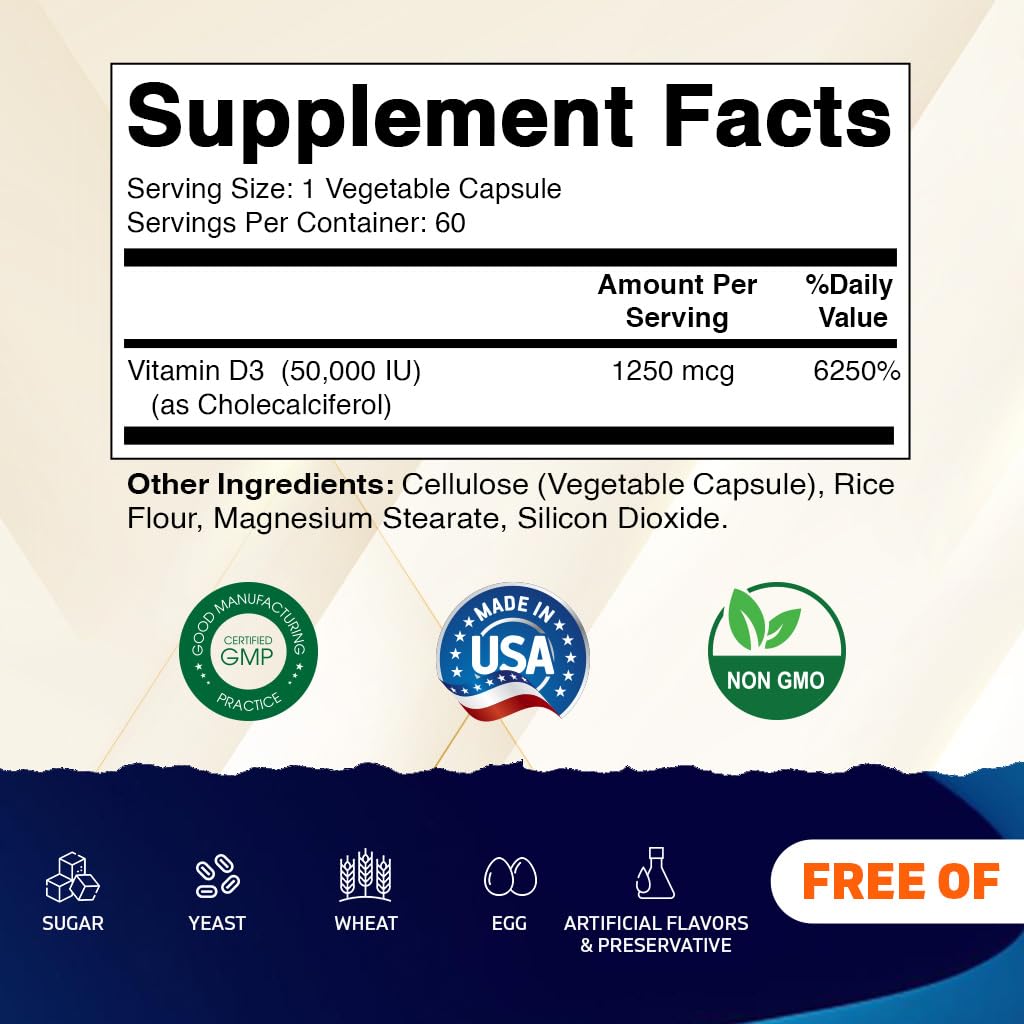 Vitamatic Vitamin D3 50,000 IU (as Cholecalciferol), Once Weekly Dose, 1250 mcg, 60 Veggie Capsules 1 Year Supply, Progressive Formula Helping - PrimeBioHealth - canada supplements