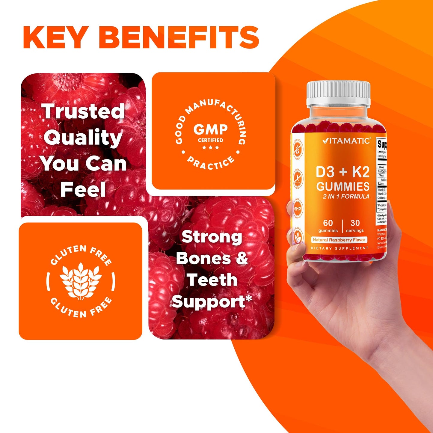 Vitamatic Vitamin D3 & K2 Gummies (2-Pack, 60 Count) Supports Healthy Bones, Heart Health, Calcium Absorption, - PrimeBioHealth - canada supplements