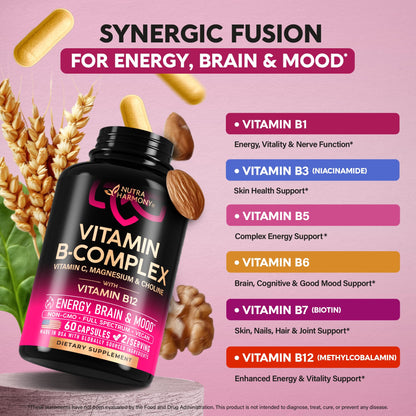 Vitamin B Complex for Men & Women - Riboflavin B2, B12, B1, B3, B5, B6, B7, B8, B9 | Vitamin C, Choline, Inositol - B-Complex Supplement - PrimeBioHealth - canada supplements