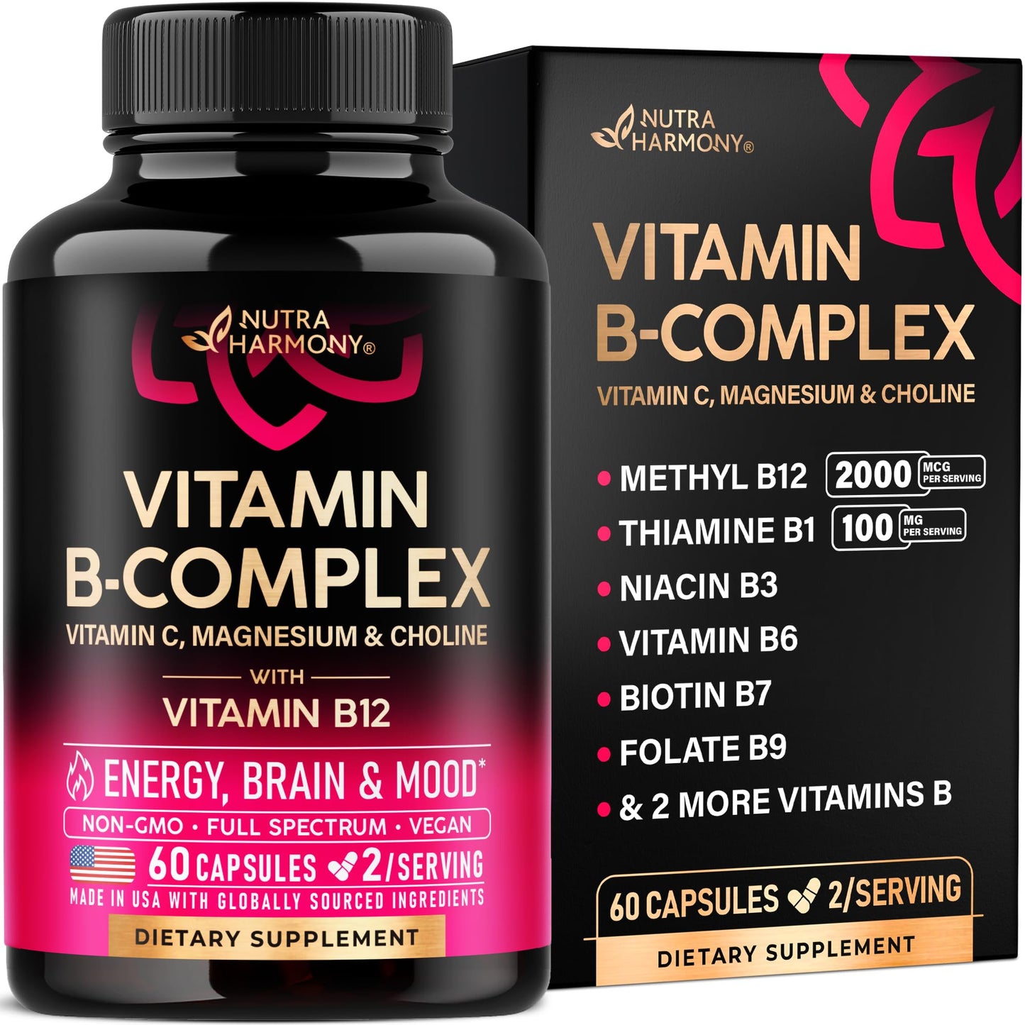 Vitamin B Complex for Men & Women - Riboflavin B2, B12, B1, B3, B5, B6, B7, B8, B9 | Vitamin C, Choline, Inositol - B-Complex Supplement - PrimeBioHealth - canada supplements