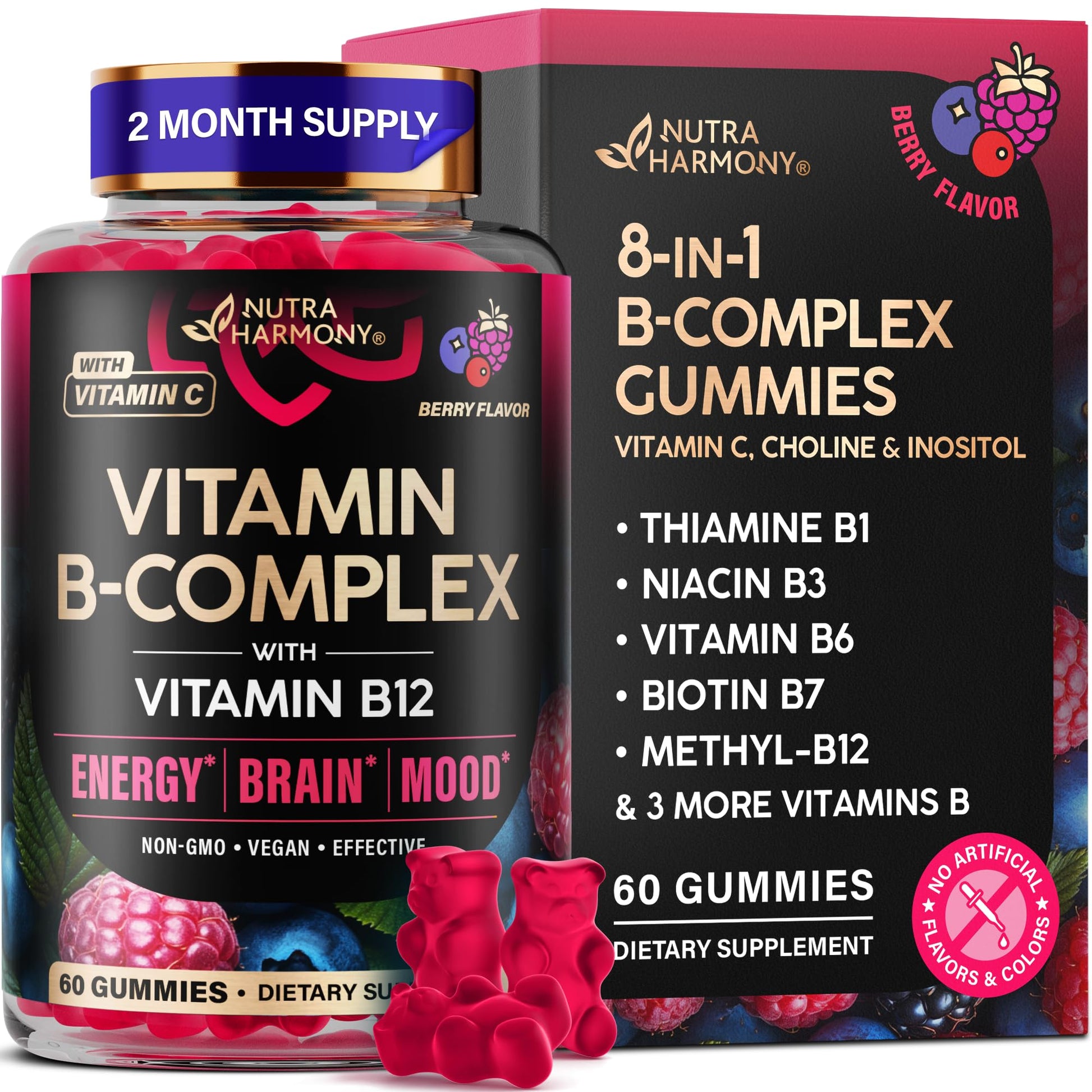 Vitamin B-Complex Gummies for Women & Men - Vitamin B12, B1, B2, B3, B5, B6, B7 & B9 - B Complex with Vitamin C & Choline - Energy, Brain & Mood - PrimeBioHealth - canada supplements