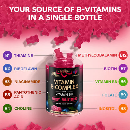 Vitamin B-Complex Gummies for Women & Men - Vitamin B12, B1, B2, B3, B5, B6, B7 & B9 - B Complex with Vitamin C & Choline - Energy, Brain & Mood - PrimeBioHealth - canada supplements