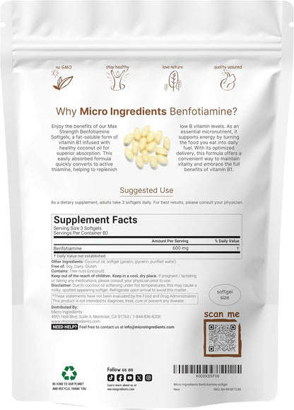 Vitamin B1 Benfotiamine 600mg Per Serving, 240 Coconut Oil Softgels | Bioavailable B Vitamins Supplement, Converted to Active Thiamine | Non-GMO, Soy Free - PrimeBioHealth - canada supplements