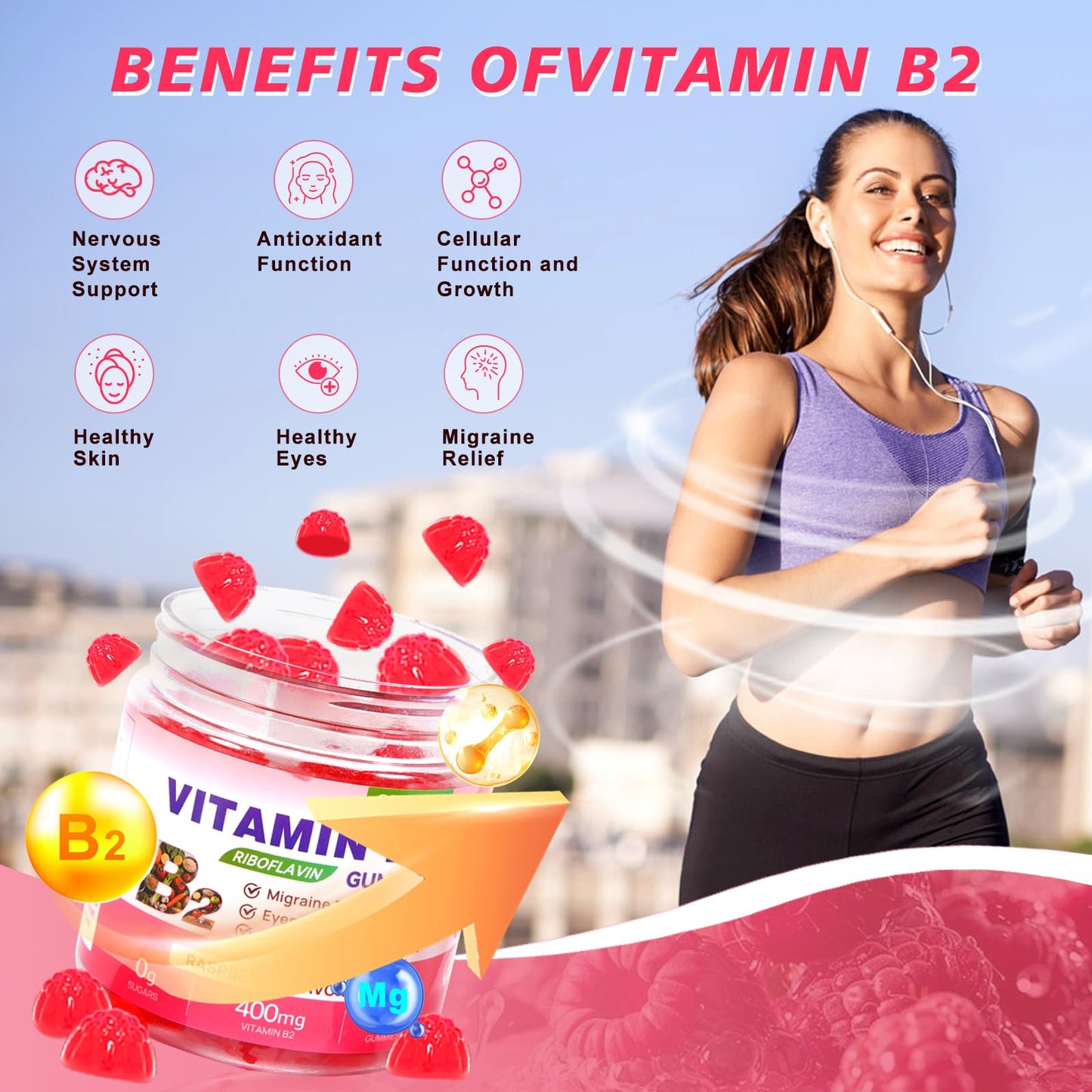 Vitamin B2 Gummies Riboflavin 400mg Supplement with Magnesium for Kids & Adults B2 Gummies for Migraine Relief, Headache Relief & Nervous System Support - PrimeBioHealth - canada supplements