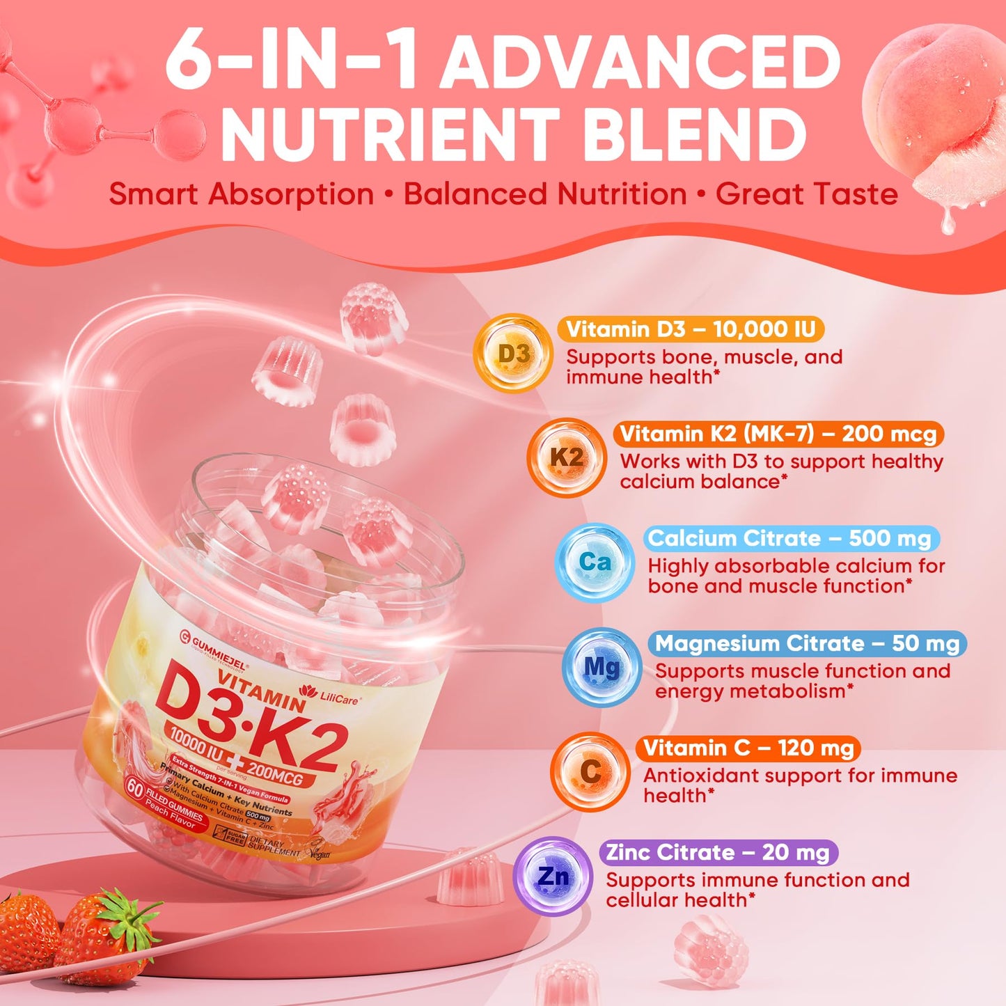 Vitamin D3 K2 Gummies 5000IU / 10,000 IU with 500mg Calcium + K2(MK-7) 200mcg, Magnesium, Vitamin C & Zinc, Extra Strength - Ultimate Absorbency for Bones - PrimeBioHealth - canada supplements