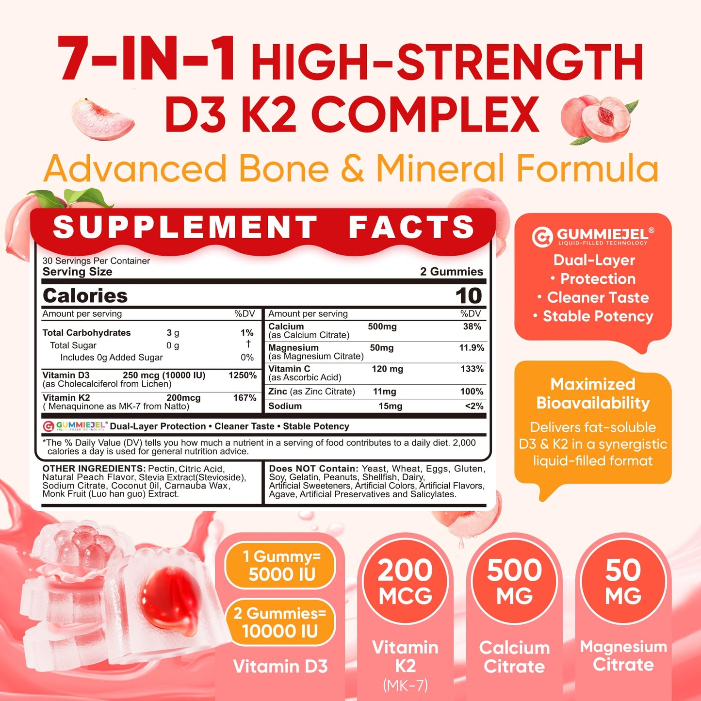Vitamin D3 K2 Gummies 5000IU / 10,000 IU with 500mg Calcium + K2(MK-7) 200mcg, Magnesium, Vitamin C & Zinc, Extra Strength - Ultimate Absorbency for Bones - PrimeBioHealth - canada supplements