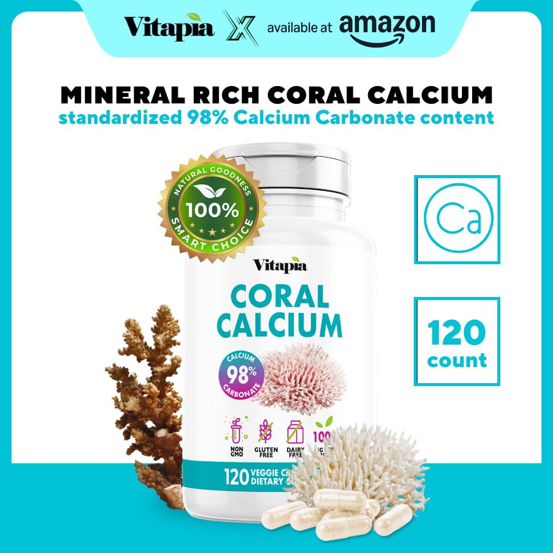 Vitapia Coral Calcium Powder 1000mg Capsules for Overall Health, Bone Health, PH Level Balance, Trace Minerals Support - 120 Veggie Capsules - Non-GMO & Gluten-Free Supplement - PrimeBioHealth - canada supplements