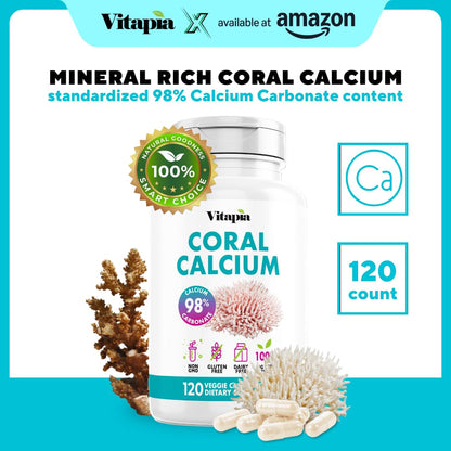 Vitapia Coral Calcium Powder 1000mg Capsules for Overall Health, Bone Health, PH Level Balance, Trace Minerals Support - 120 Veggie Capsules - Non-GMO & Gluten-Free Supplement - PrimeBioHealth - canada supplements